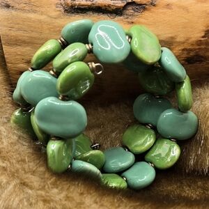 Memory Wire Wrap Bracelet Ceramic Beads in Bluegreen Shades Adjustable Size